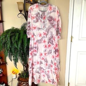 Debbie Katz Resort Wear Tropical Floral Caftan Tunic Beach Swim Coverup Beaded